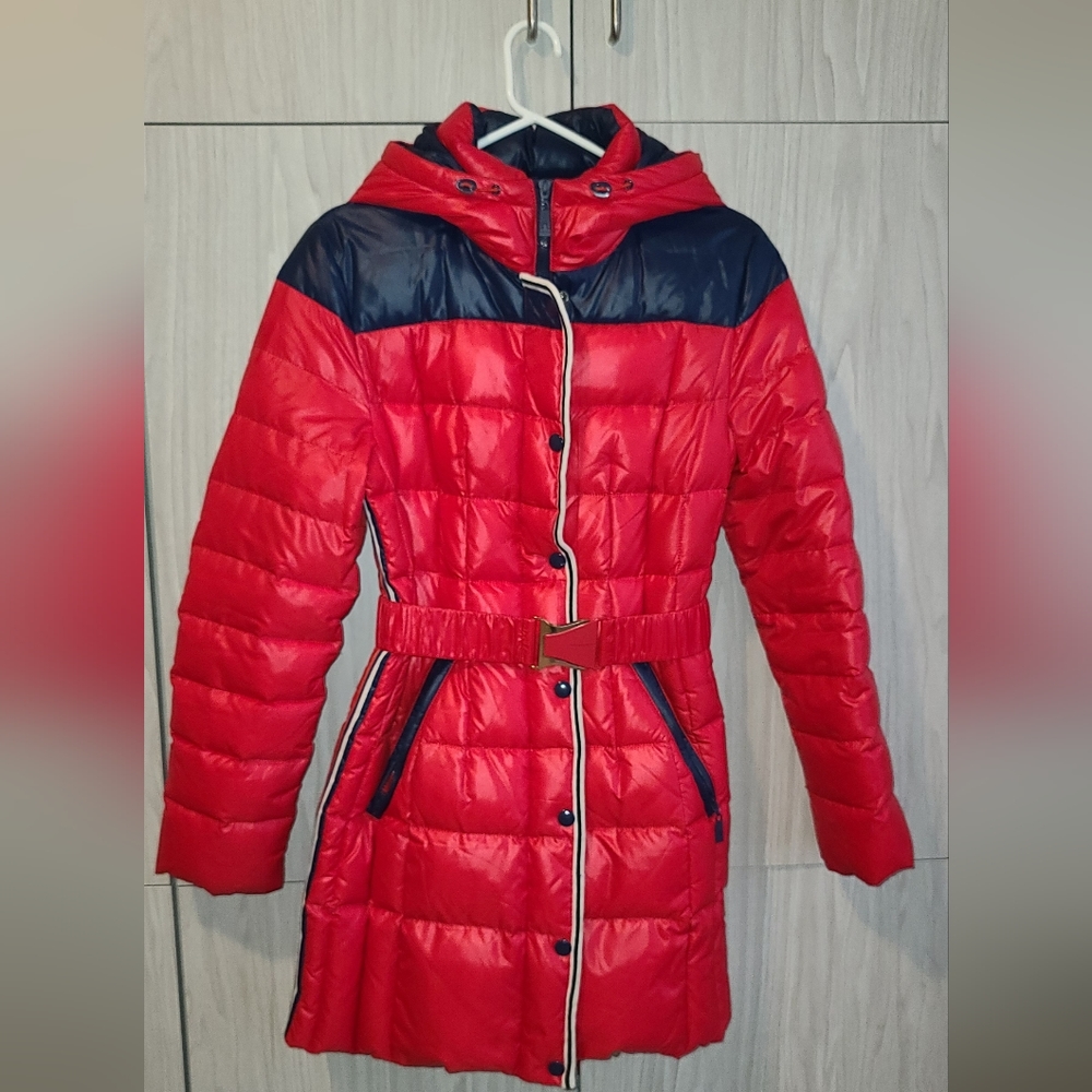 Snow owl winter down jacket Belted Coat Puffer red & navy L